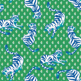 Bold Green Background with playful blue and white tigers on a field of small leaf motifs