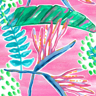 Watercolor tropical pattern featuring leafs in vibrant pink, orange and blue petals against a pink background