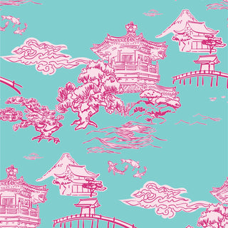 Turquoise background with pink asian inspired structures like Japanese pagoda, mt fuji, cherry blossoms and koi fish