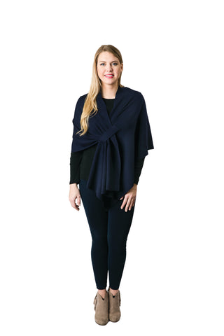 Navy knit wrap shawl with keyhole