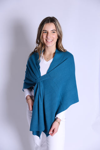 Katie Knit Keyhole Wrap in teal – versatile women’s knit wrap with diamond point design.