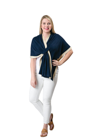 navy knit katie keyhole wrap with gold metallic trim