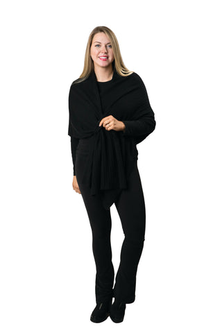Cable Knit Keyhole Wrap in black – cozy cable knit poncho with diamond point back.