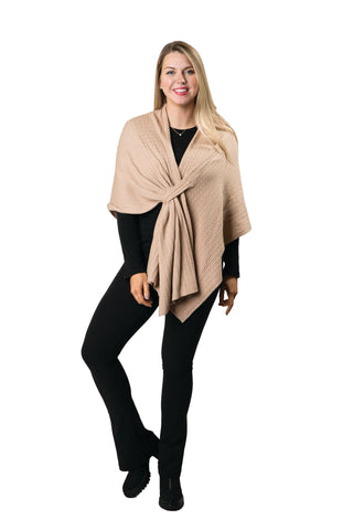 Cable Knit Keyhole Wrap in camel – stylish knit wrap with secure closure.