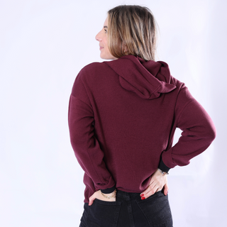 Backview of bordeaux knit hoodie