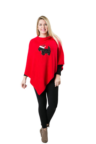 scottie dog with santa hat in sequins on red knit poncho shawl