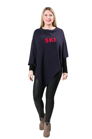 Navy Blue One Size Poncho with red embroidered 'SKI'