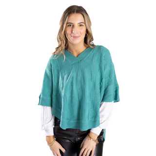 Teal McKenna Capelet sweater with V-neckline and relaxed fit.