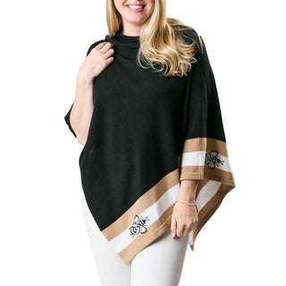 black poncho with trim of bees on tan and cream stripes