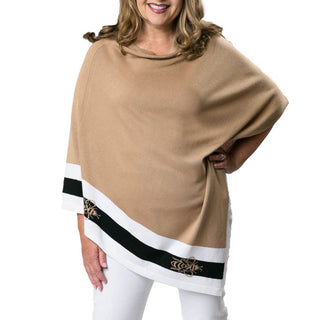 camel poncho with trim of bees on cream and black stripes