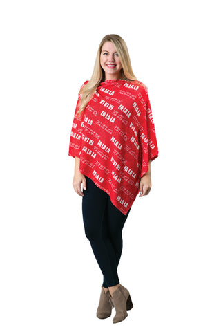 Emily poncho with white Fa la la's printed on red