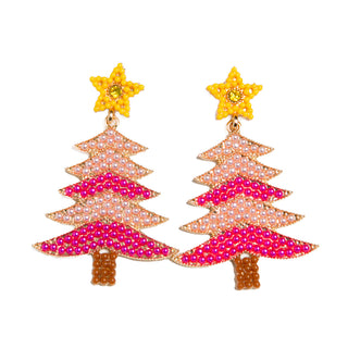 Beaded pink and pearl Christmas Tree Earrings with yellow star topper
