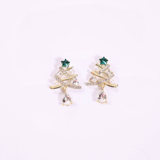 Green star Bling Christmas Tree Earrings with crystal accents and dangling gem