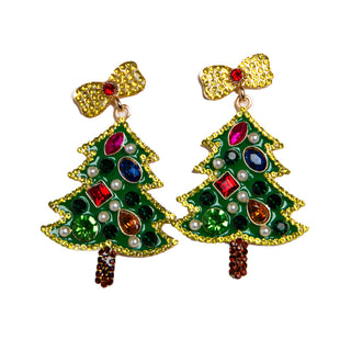 Green jeweled Christmas Tree Earrings with gold bow detail