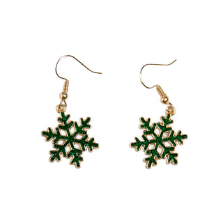 Green Snowflake Earrings: Green snowflake holiday earrings with shimmering detail, festive Christmas jewelry.