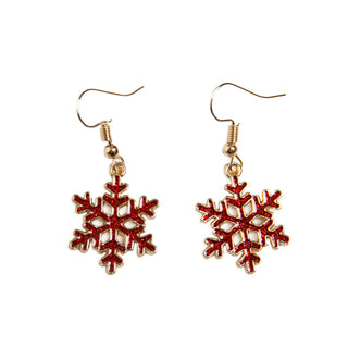 Red Snowflake Earrings: Red snowflake dangle earrings with glitter design, ideal for holiday parties.