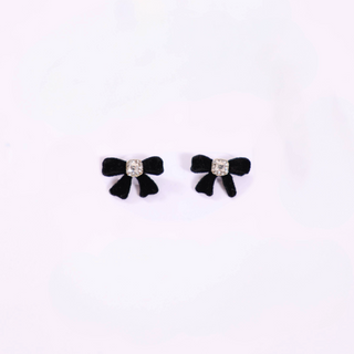 Black velvet bow earrings with crystal center – festive holiday stud design