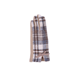 Product Close-up (CML version) – Corinne Plaid Glove in camel plaid with bow detail at wrist.