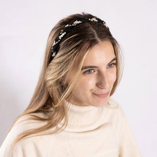 Black Alexa Headband – Black braided Alexa headband with pearls and crystal embellishments.