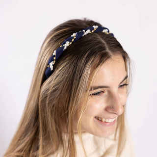 Navy Alexa Headband – Navy Alexa headband adorned with pearls and bling crystals for fall fashion styling.