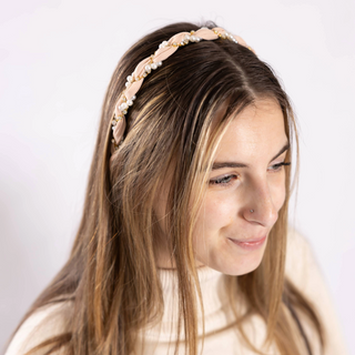 Blush Pink Alexa Headband – Pink Alexa headband featuring pearls and gold accents for a chic glam look.