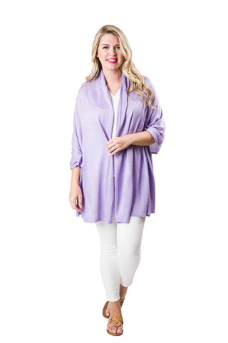 Woman wearing lavender colored shawl