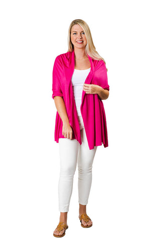 Woman wearing magenta colored shawl