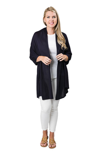 Woman wearing navy blue colored shawl