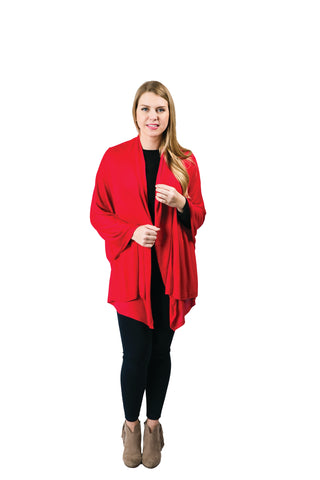 Woman wearing tomato red colored shawl