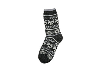 dark gray luxe super soft socks with racoons and snowflakes