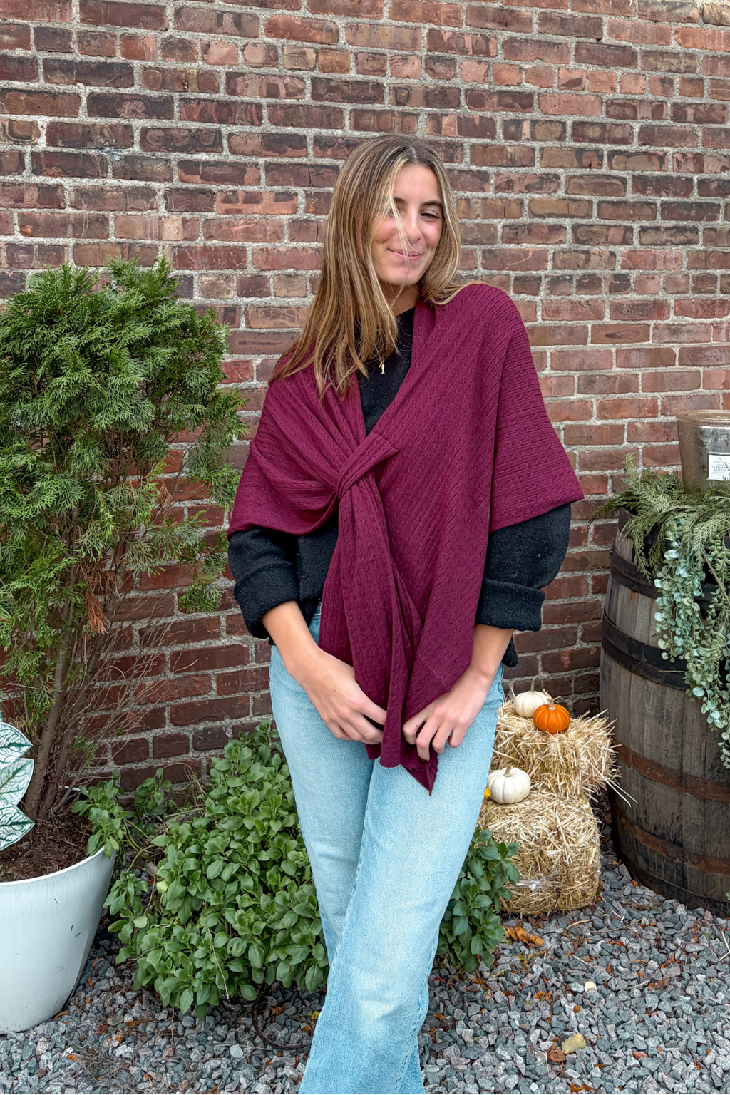 Cable Knit Keyhole Wrap – Soft & Stylish Women's Knit Shawl – Top