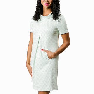 mint & white diamond print jacquard dress with short sleeves and cowl neck