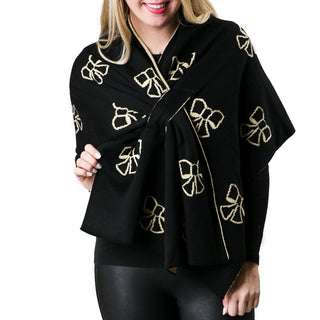 black and gold bow knit wrap shawl with keyhole closure