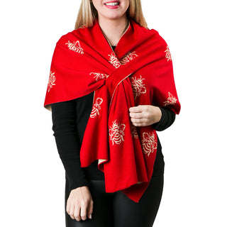 red and gold bee knit wrap shawl with keyhole closure