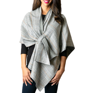Gray plaid with solid gray on inside soft knit wrap with keyhole loop
