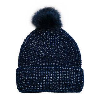 Navy Hat – Taylor Hat in navy blue with faux fur pom pom and metallic knit shimmer