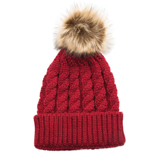 ruby red cable knit hat with faux fur pom pom