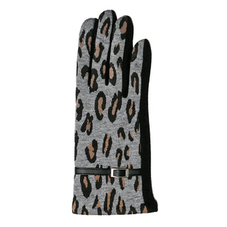 Gray and camel leopard print texting gloves with faux belt accent