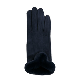 Navy faux suede glove with matching faux fur trim at wrist