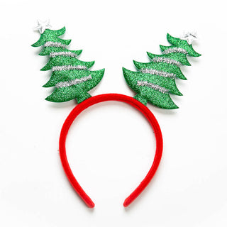 Whimsey Christmas headbands with green glitter trees with silver garland and star