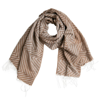 Taupe and cream zig zag print scarf with fringe
