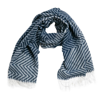 Navy and light blue zig zag print scarf with fringe