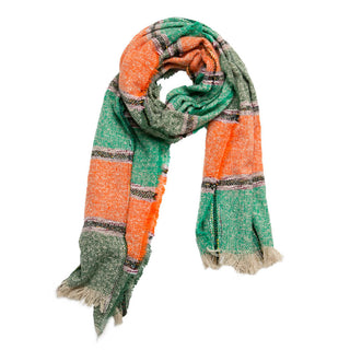 green and orange striped Jill scarf with eyelash fringe