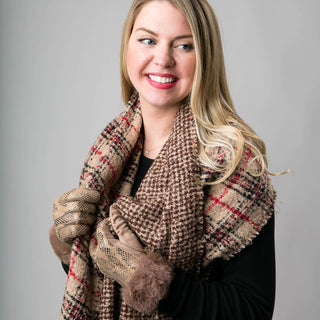 tan and brown plaid reversible Rita scarf with snake print gloves with fur 
