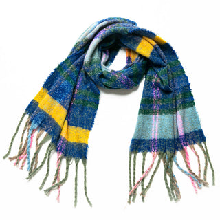 navy, pink, green and yellow plaid Zoey scarf with fringe