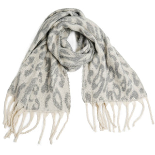 Gray Leopard Print Scarf with Fringe