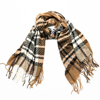 Lindsey plaid scarf with fringe in brown, black and cream