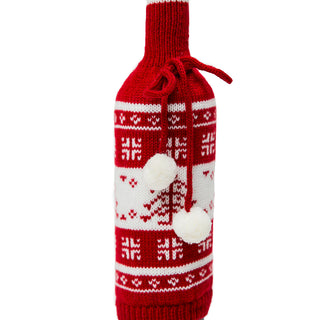 Christmas tree knit nordic print wine bottle sweater with pom pom tie