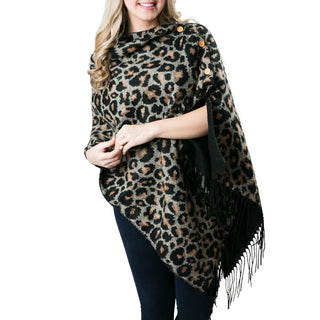 camel leopard poncho wrap with buttons that reverses to solid black