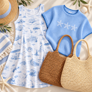 beach dreams toile print dress with starfish short sleeve sweater and coordinating straw bags flat lay